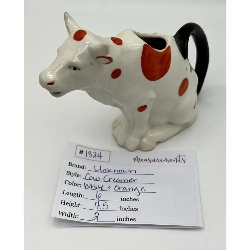 Vtg MCM Farmhouse Ceramic White w/ Orange Spots Cow Kitchen Creamer Serveware